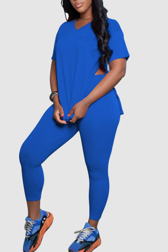 Blue Casual Solid Patchwork Slit V Neck Short Sleeve Two Pieces