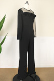 Black Fashion Casual Solid Patchwork See-through O Neck Regular Jumpsuits