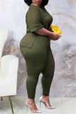 Army Green Fashion Casual Solid Slit V Neck Plus Size Two Pieces