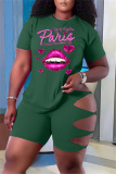 Pink Fashion Casual Letter Lips Printed Ripped O Neck Plus Size Two Pieces