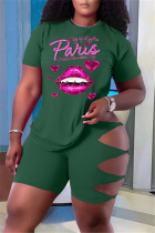 Green Fashion Casual Letter Lips Printed Ripped O Neck Plus Size Two Pieces