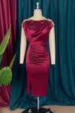 Burgundy Sexy Casual Solid Patchwork Fold Cardigan O Neck Evening Dress