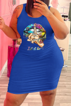 Blue Sexy Lips Printed Split Joint U Neck Pencil Skirt Plus Size Dresses