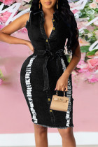 Black Fashion Casual Solid Ripped With Belt Turndown Collar Sleeveless Regular Denim Dresses