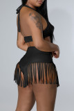 Black Fashion Sexy Solid Tassel Bandage Patchwork Backless Halter Sleeveless Two Pieces