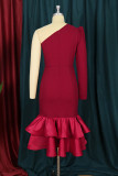Burgundy Fashion Sexy Solid Patchwork Backless Oblique Collar Evening Dress