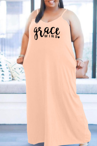 Apricot Casual Print Patchwork Spaghetti Strap Sling Dress Plus Size Dresses