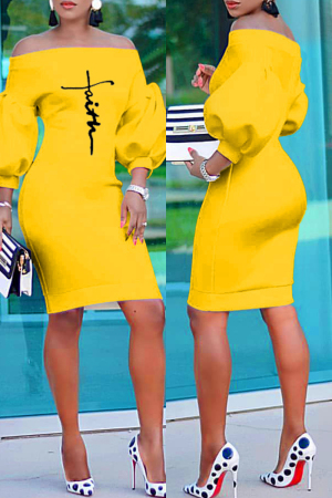 Yellow Fashion Casual Print Basic Off the Shoulder Long Sleeve Dresses