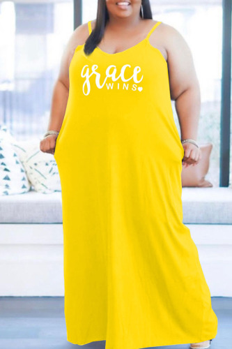 Yellow Casual Print Patchwork Spaghetti Strap Sling Dress Plus Size Dresses