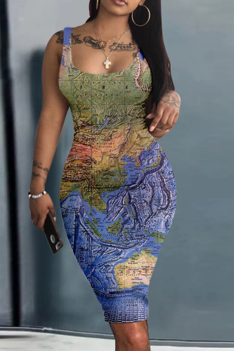 Dark Blue Fashion Sexy Print Basic U Neck Vest Dress