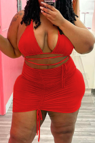 Red Sexy Solid Draw String Halter Pencil Skirt Plus Size Two Pieces