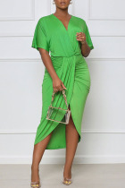 Green Casual Solid Patchwork Fold Asymmetrical V Neck Dresses