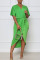 Green Casual Solid Patchwork Fold Asymmetrical V Neck Dresses