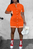 Tangerine Red Casual Solid Patchwork Pocket Buckle Dresses