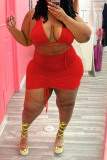 Red Sexy Solid Draw String Halter Pencil Skirt Plus Size Two Pieces