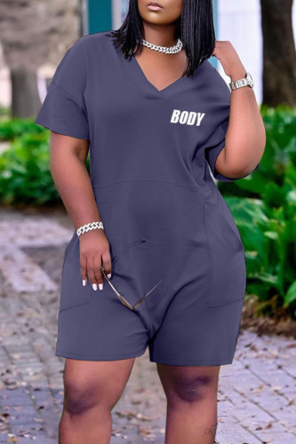 Blue Casual Print Patchwork V Neck Plus Size Jumpsuits