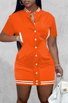 Tangerine Red Casual Solid Split Joint Pocket Buckle Dresses