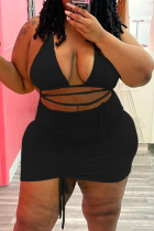 Black Sexy Solid Draw String Halter Pencil Skirt Plus Size Two Pieces