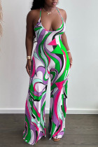 Green Casual Print Patchwork Spaghetti Strap Straight Jumpsuits