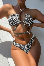 Black Sexy Striped Print Backless Swimwears