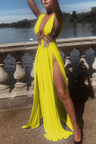 Yellow Elegant Solid Lace Patchwork Backless V Neck Evening Dress Dresses