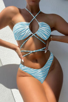 Blue Sexy Striped Print Backless Swimwears