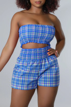 Blue Casual Plaid Print Split Joint Strapless Sleeveless Two Pieces