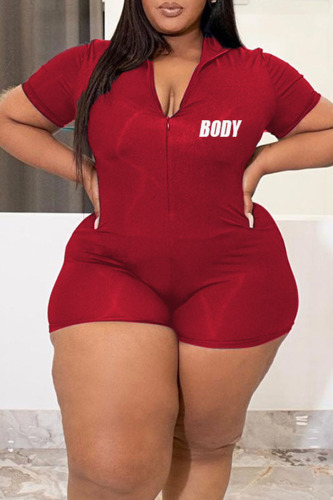 Burgundy Casual Print Patchwork Zipper Collar Plus Size Jumpsuits