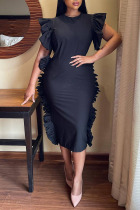 Black Elegant Solid Patchwork Flounce Fold O Neck One Step Skirt Dresses