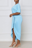 Light Blue Casual Solid Patchwork Fold Asymmetrical V Neck Dresses