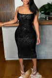 Black Sexy Solid Sequins Patchwork Backless Spaghetti Strap One Step Skirt Dresses