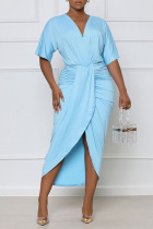 Light Blue Casual Solid Patchwork Fold Asymmetrical V Neck Dresses