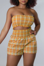 Yellow Casual Plaid Print Patchwork Strapless Sleeveless Two Pieces