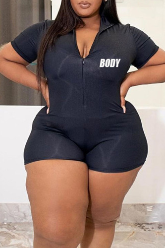 Black Casual Print Patchwork Zipper Collar Plus Size Jumpsuits