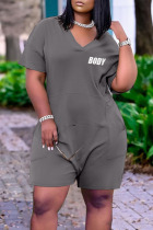 Grey Casual Print Patchwork V Neck Plus Size Jumpsuits