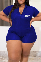 Blue Casual Print Patchwork Zipper Collar Plus Size Jumpsuits