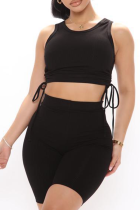 Black Sportswear Solid Draw String O Neck Sleeveless Two Pieces