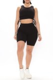 Black Sportswear Solid Draw String O Neck Sleeveless Two Pieces