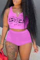 Pink Street Print Patchwork U Neck Sleeveless Two Pieces