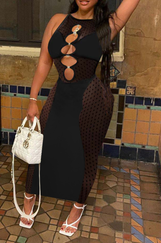 Black Sexy Solid Mesh O Neck Pencil Skirt Dresses