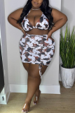 Multicolor Sexy Print Hollowed Out Backless Halter Plus Size Swimwear Three-piece Set (With Paddings)