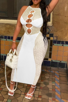 White Sexy Solid Mesh O Neck Pencil Skirt Dresses