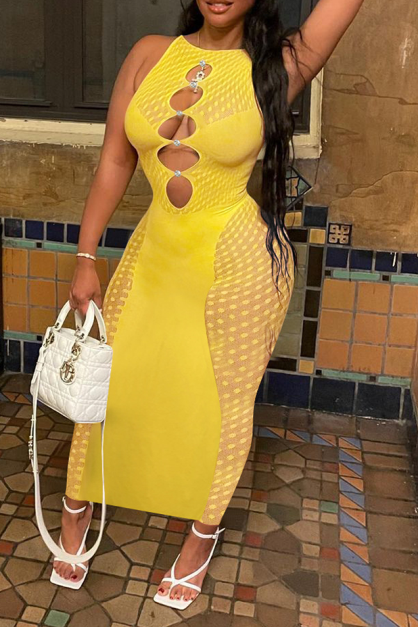 Yellow Sexy Solid Mesh O Neck Pencil Skirt Dresses
