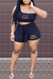 Black Sexy Solid Hollowed Out One Shoulder Sleeveless Two Pieces