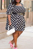 Black Casual Print Polka Dot Square Collar Straight Plus Size Dresses