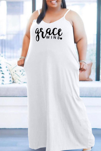 White Casual Print Patchwork Spaghetti Strap Sling Dress Plus Size Dresses