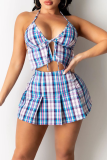 Blue Street Plaid Patchwork Halter Sleeveless Two Pieces