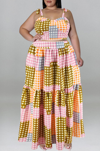 Yellow Casual Not Positioning Printed Bandage Backless Spaghetti Strap Plus Size Two Pieces