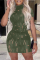 Ink Green Sexy Solid Hollowed Out Half A Turtleneck Pencil Skirt Dresses