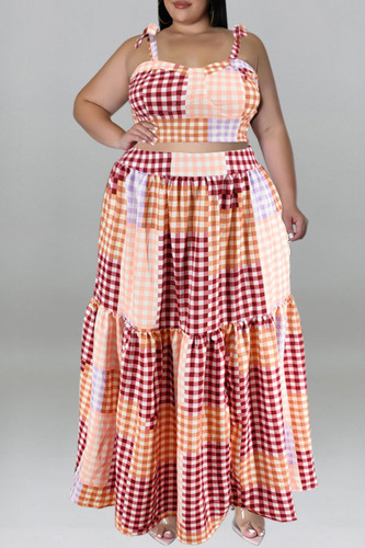 Purplish Red Casual Not Positioning Printed Bandage Backless Spaghetti Strap Plus Size Two Pieces